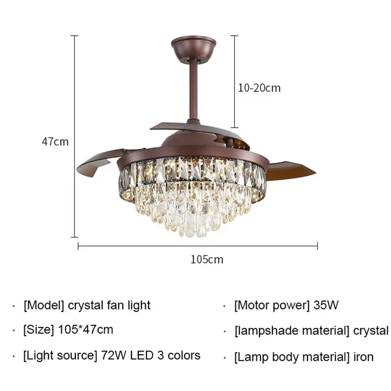 42-дюймовые Хрустальные потолочные вентиляторы светильник люстры с невидимыми
