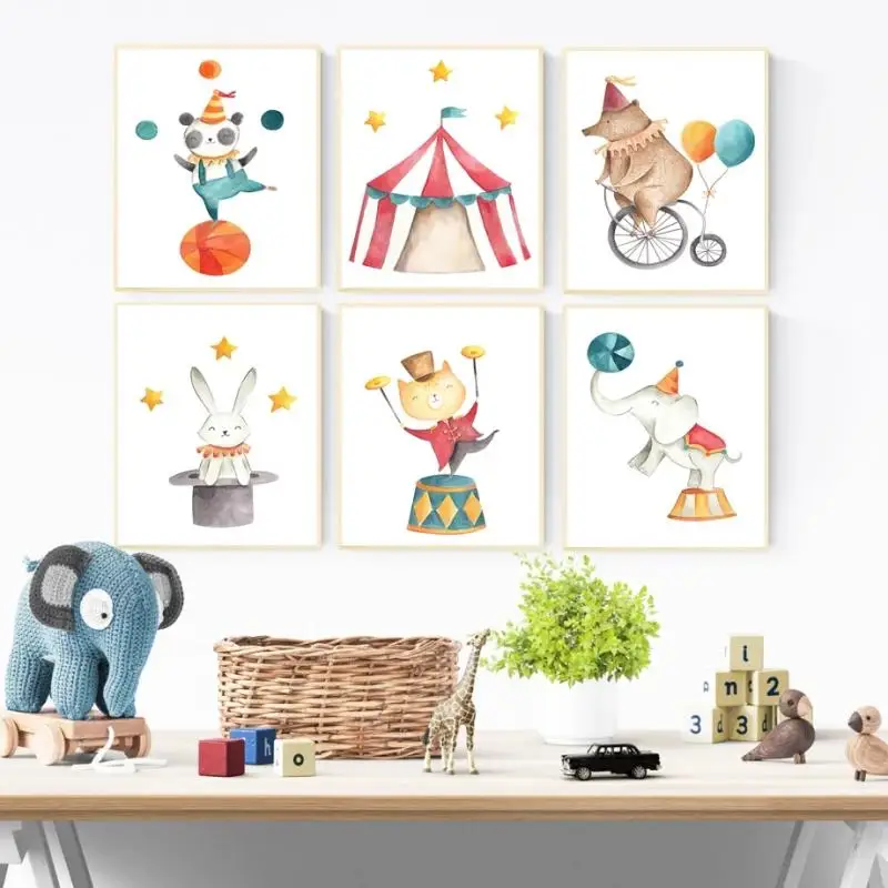 

Nordic Canvas Painting Cartoon Animals Bear Panda Elephant Bunny Cat Circus Show Cute Poster Baby Kids Room Nursery Home Decor