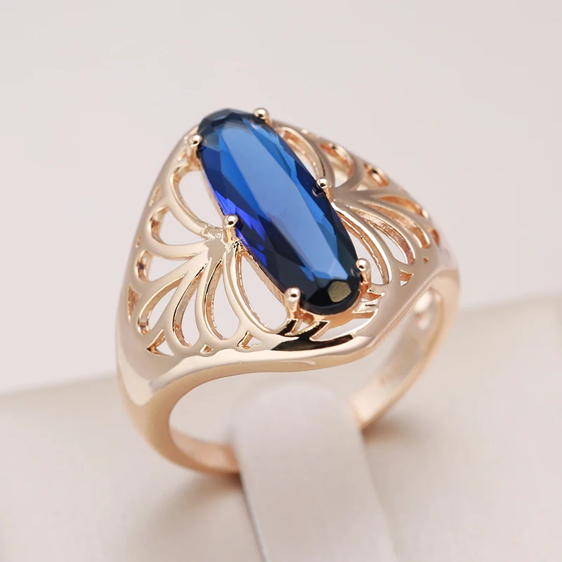 Kienl New 585 Rose Gold Color Big Ring for Women Blue Natural Zircon Vintage Ethnic Bride Ring High Quality Daily Jewelry