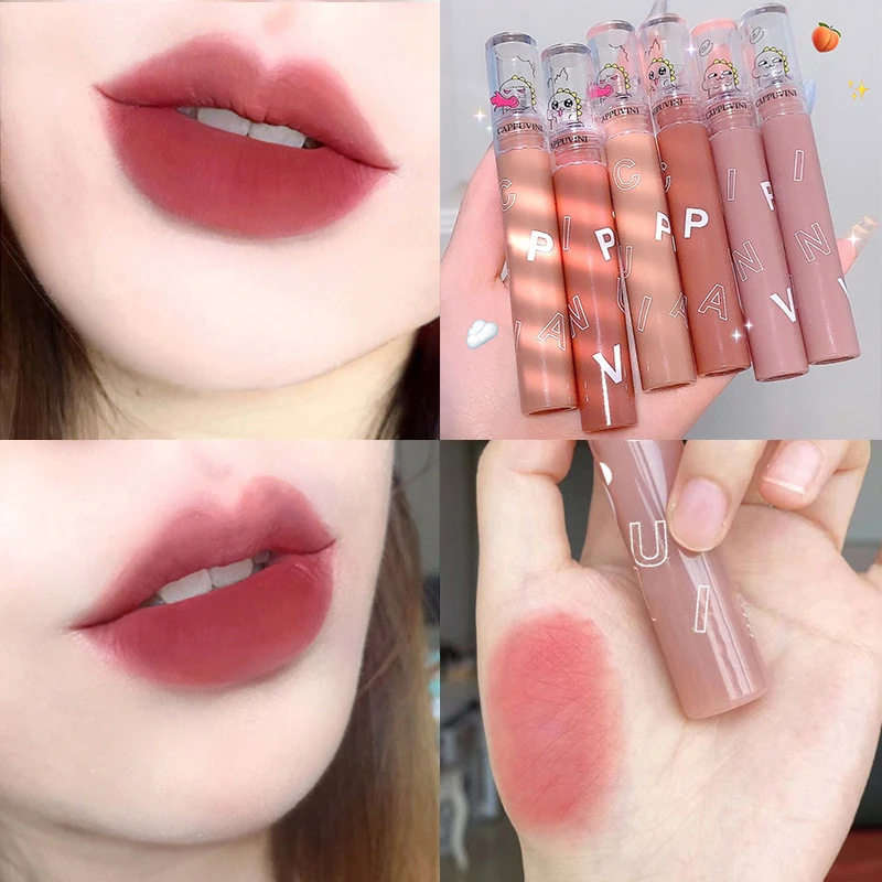 

Matte Texture Gentle Pink Color Lip Mud Long Lasting Lip Glaze Girl's Cute Dinosaur Liquid Lipstick Daily Makeup Tools