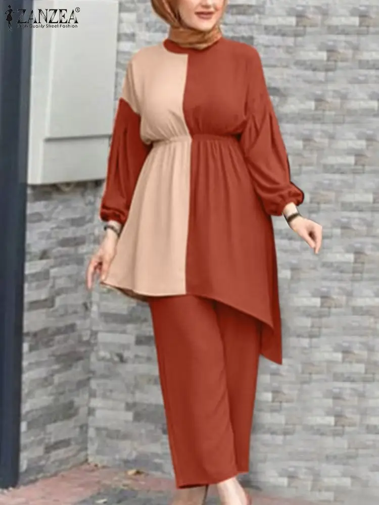 

ZANZEA Autumn Tracksuits New Contrast Color Muslim Sets Women Baggy Long Sleeve Blouse Wide Leg Pants Suit Causal Matching Sets