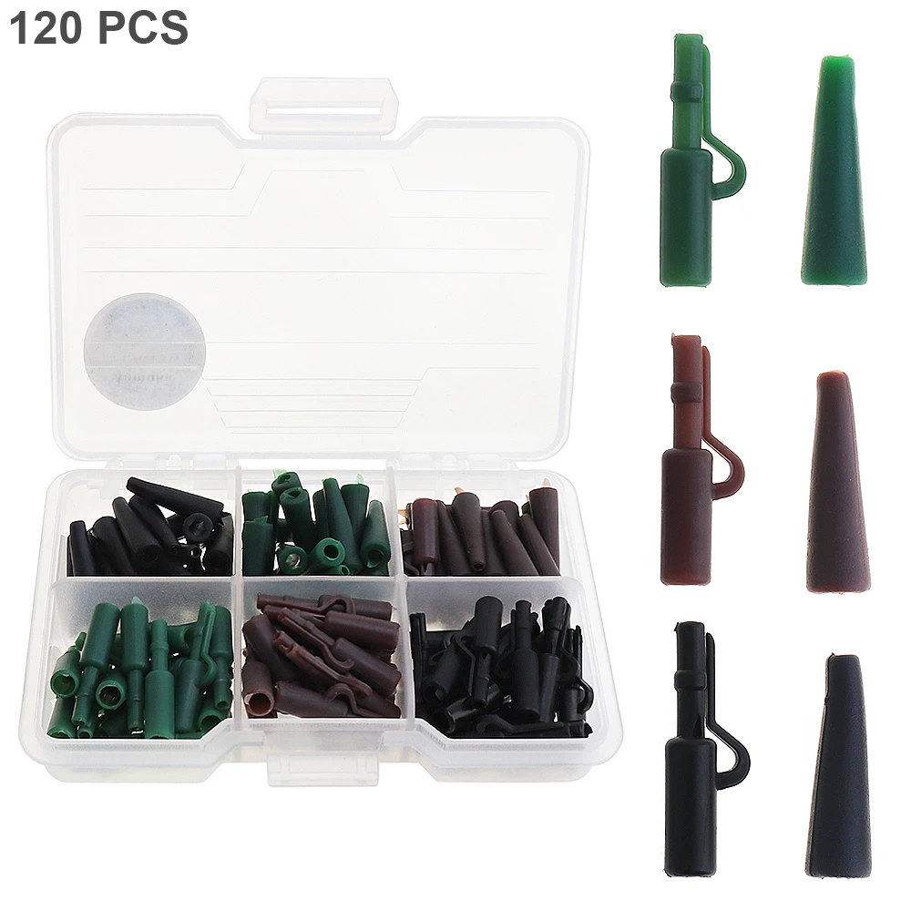 

120pcs Carp Fishing Accessory Kit Safety Clips Tail Rubber Tubes 3 Colors Mixed with Fishing Tackle Box Useful for outdoor