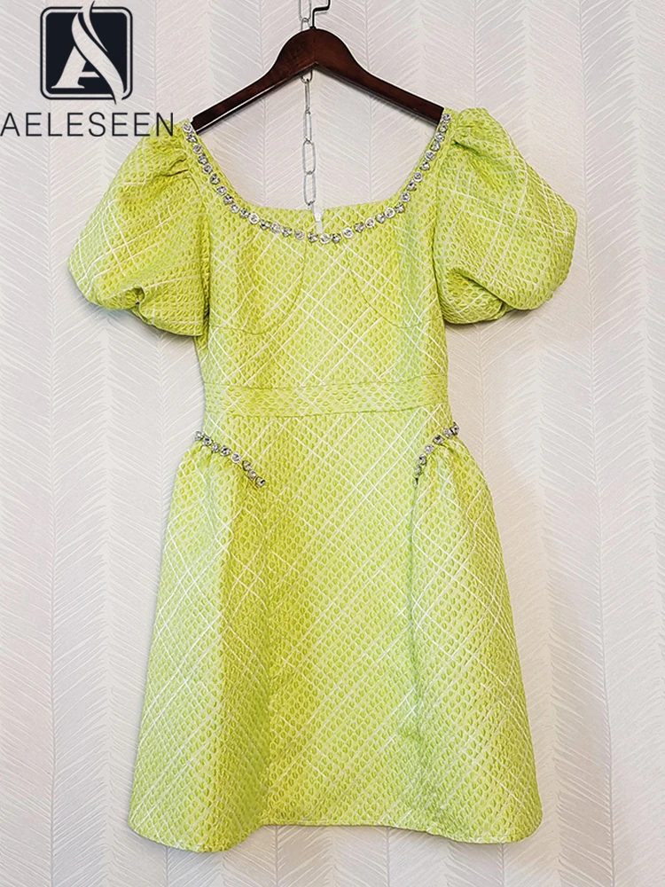 

AELESEEN Women Summer Green Dress 2022 Runway Fashion Lantern Sleeve Embroidery Beading Crystal Slim Mini Vacation