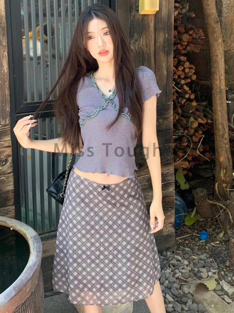 Женский клетчатый костюм из 2 предметов серый винтажный с завышенной талией и