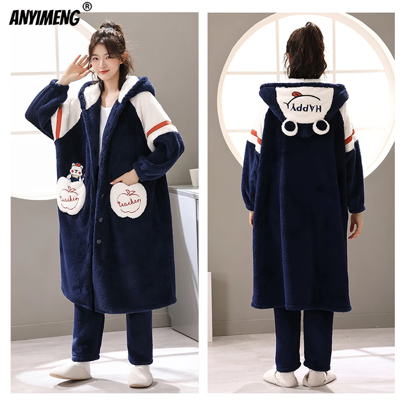 

Pijamas Womne Winter Thick Sleepwear Leisure Two Pieces Long Gown+pants Hooded Pajamas Set Flannel Airy Loungewear Warm Winter