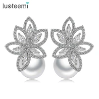 luoteemi trenday aaa cubic zircon crystal flower stud earrings for women big imitation pearl bridal wedding jewelry accessories