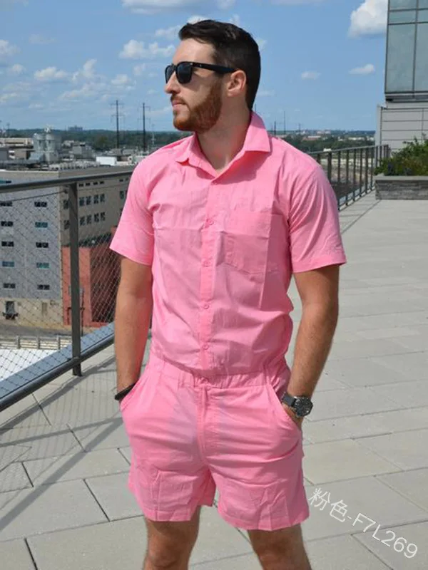 

Однотонный мужской комбинезон для отдыха с короткими рукавами, карманами на талии, эластичным однобортным карманом, однотонный прямой кост...