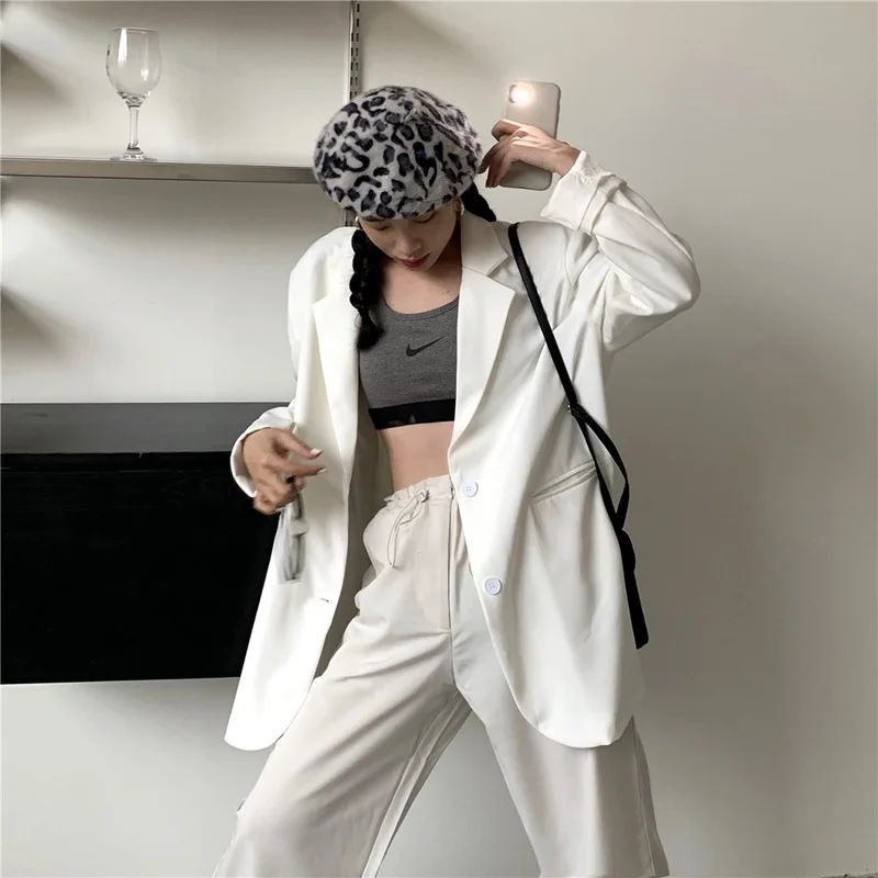 2021 Chic Loose Light Pink Women Blazer Spring Summer Single Buttons Female Oversized Suit Green Jacket Full Sleeve Outwear