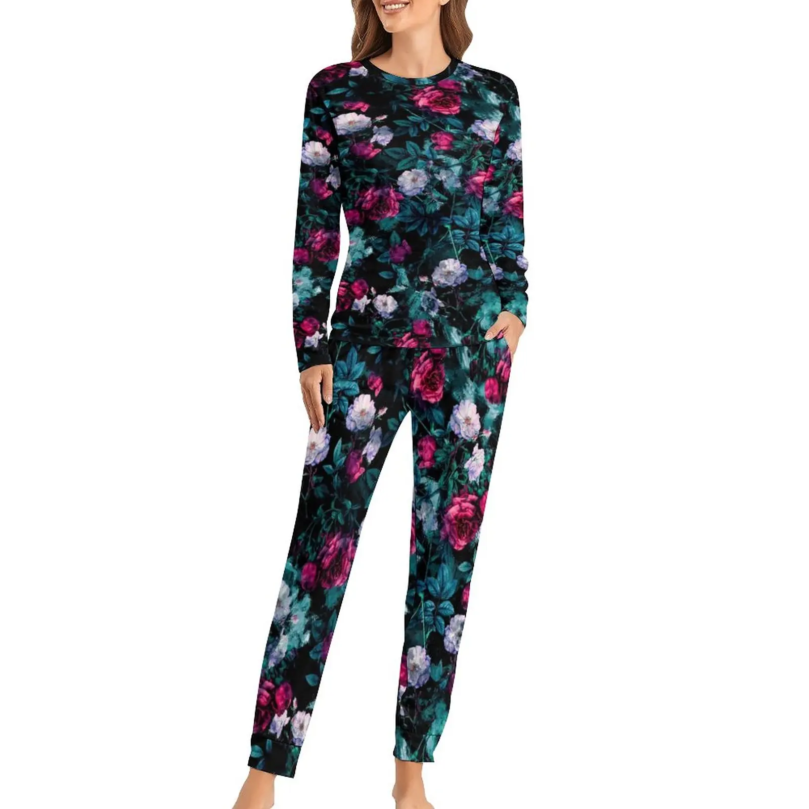 

Rpe Floral Print Pajamas Abstract Art Room Oversized Sleepwear Women Long-Sleeve Printed Romantic Pajama Sets