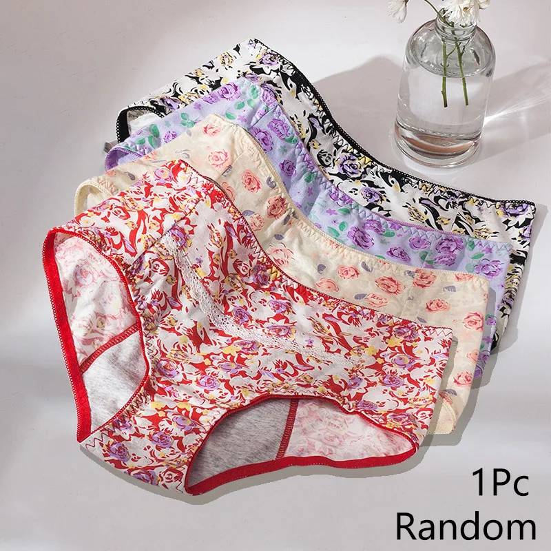 

Women's Physiological Underwear Flower Printed Period Pants Mid-Waist Leak-Proof Menstrual Knickers Breathable Panties