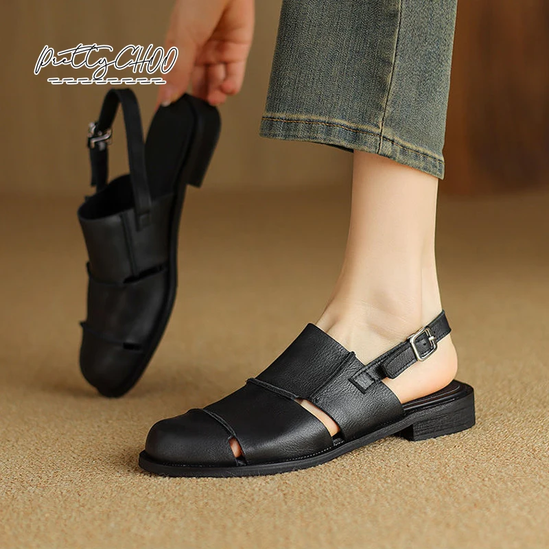 Сандалии женские в греческом стиле мягкая кожа Круглый закрытый носок ремешок на