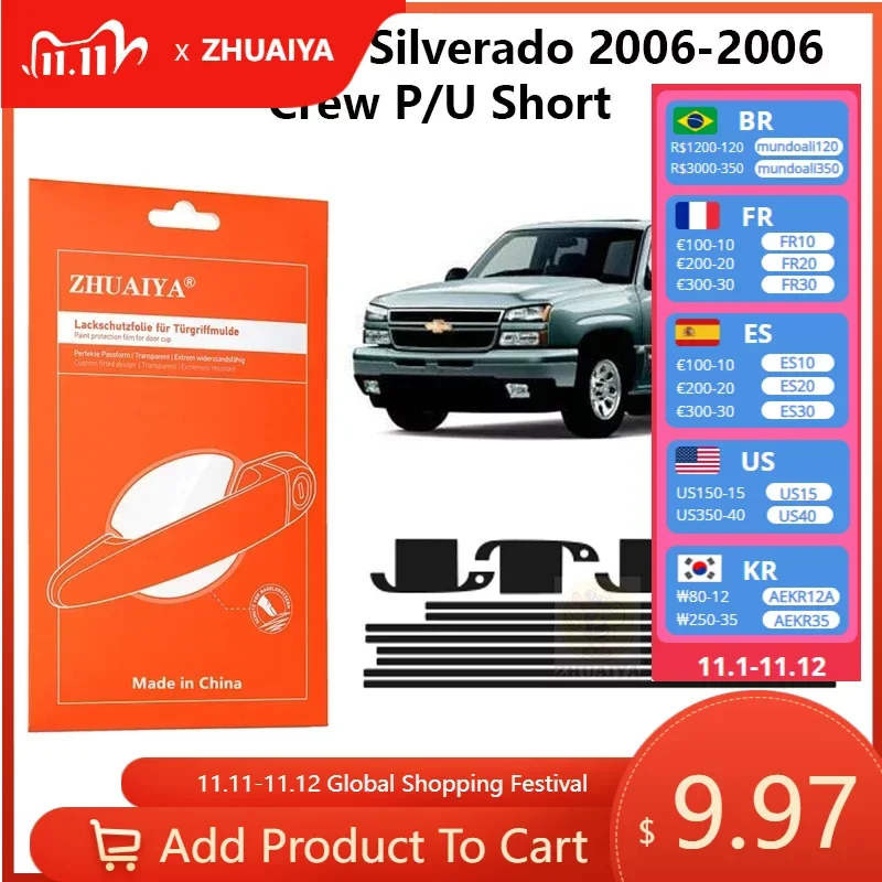 

Защитная пленка ZHUAIYA для красок дверной ручки, ТПУ PPF для Chevrolet Silverado 2006-2006 Crew P/U Short