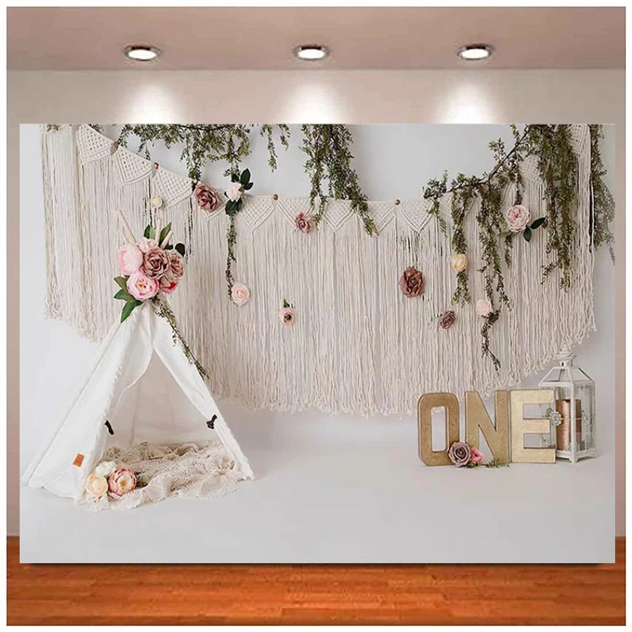 

Фон для фотосъемки богемный бахрома букет Кемпинг цветок девушка палатка 1-й день рождения торт разбивать фото фон студийный баннер