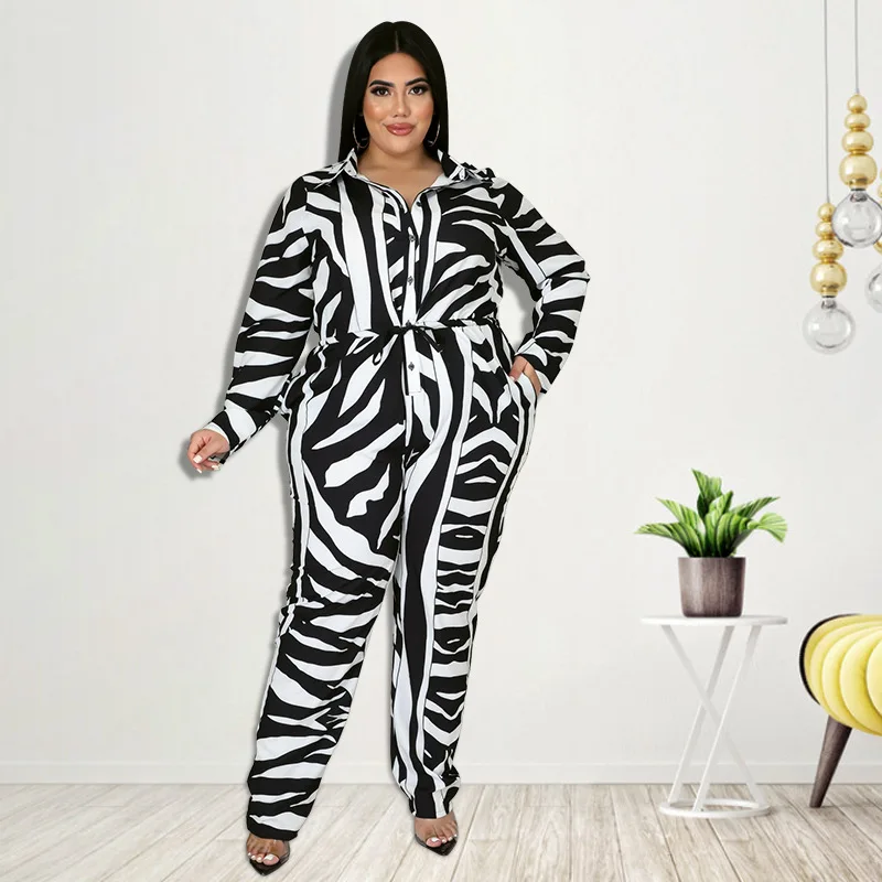 Plus Size Chic Elegant Women Jumpsuits Striped Button Belt Outfit Lady Outwear Designer Pant 2023 Spring Female Fashion Jumpsuit