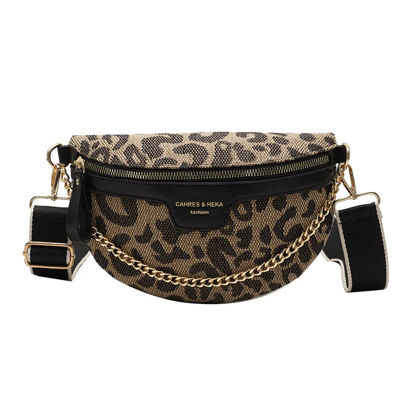 

New Leopard Women Waist Bag Female Phone Purses Ladies Ch Wide Strap Crossbody Shoulder Bags Small Chain Fanny Packs