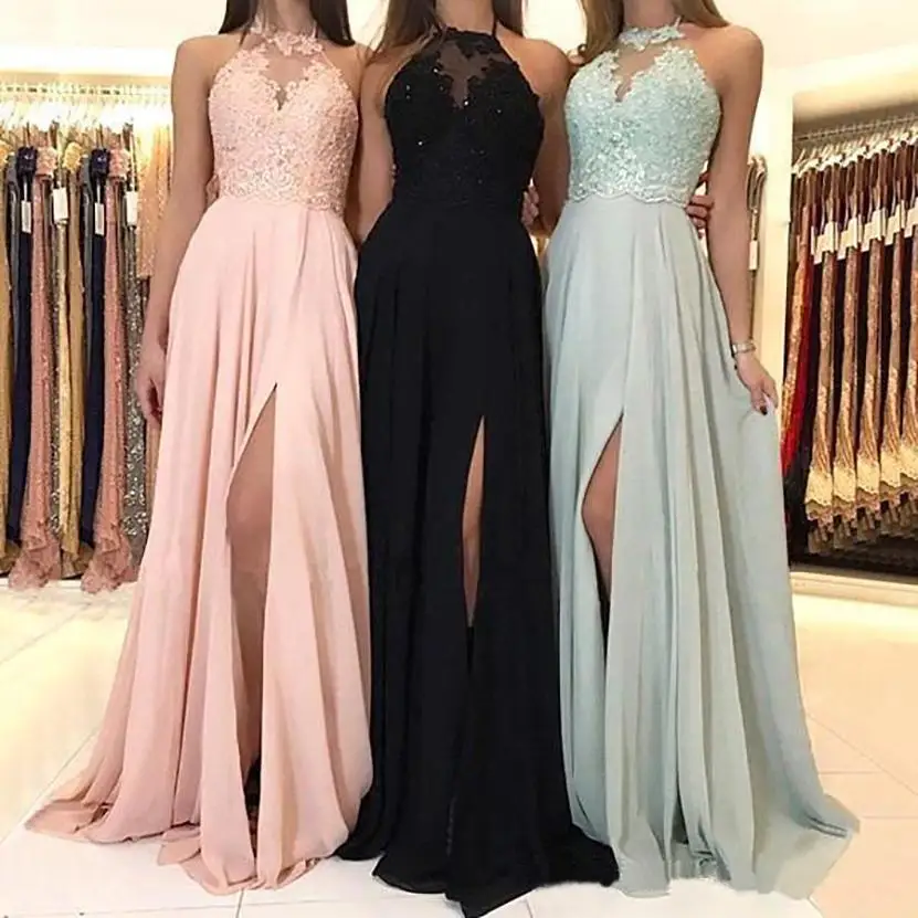 

New Sexy Halter Bridesmaid Dresses A Line Floor-Length Sweep Train Lace Applique Chiffon long Thigh-High Slits