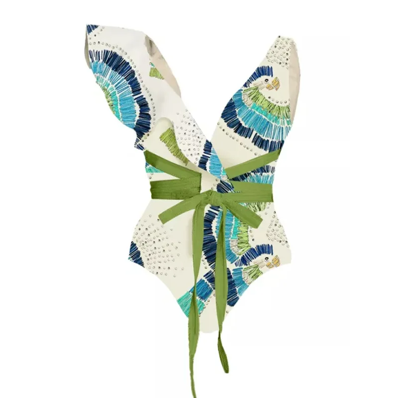 CPUTAN Green Print Deep V Bikini Set 2023 Cover Up Ruffle Straps Backless Sexy Beachwear Ladies Slim High Waist Summer Swimsuit