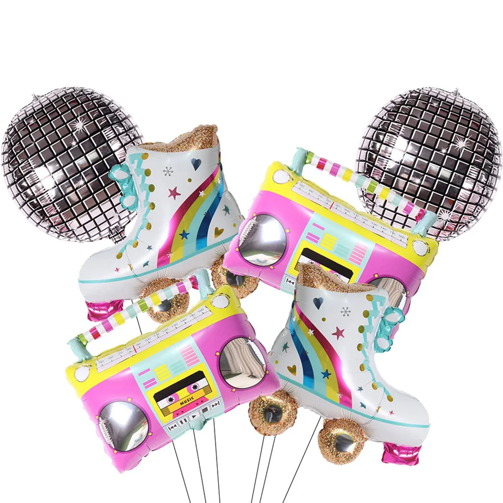 6Pcs Roller Skate Balloon Disco Ball Balloons Boombox Balloons 80s 90s Retro Disco Dance Balloon Hip Hop Theme Birthday Party