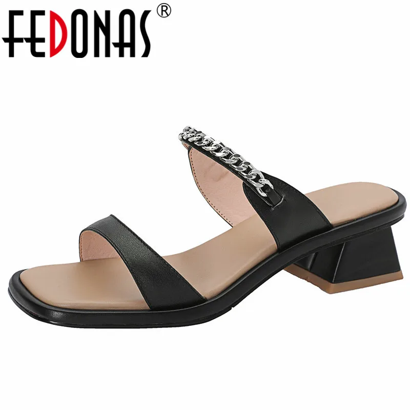 

FEDONAS Summer Slippers Women Sandals Genuine Leather Pumps Thick Heels 2022 Concise Fashion Chain Casual Party Shoes Woman