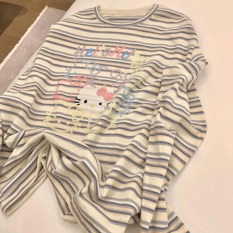 Sanrio Hello Kitty цветные футболки с ромбовидным принтом ранняя осень топ в синюю