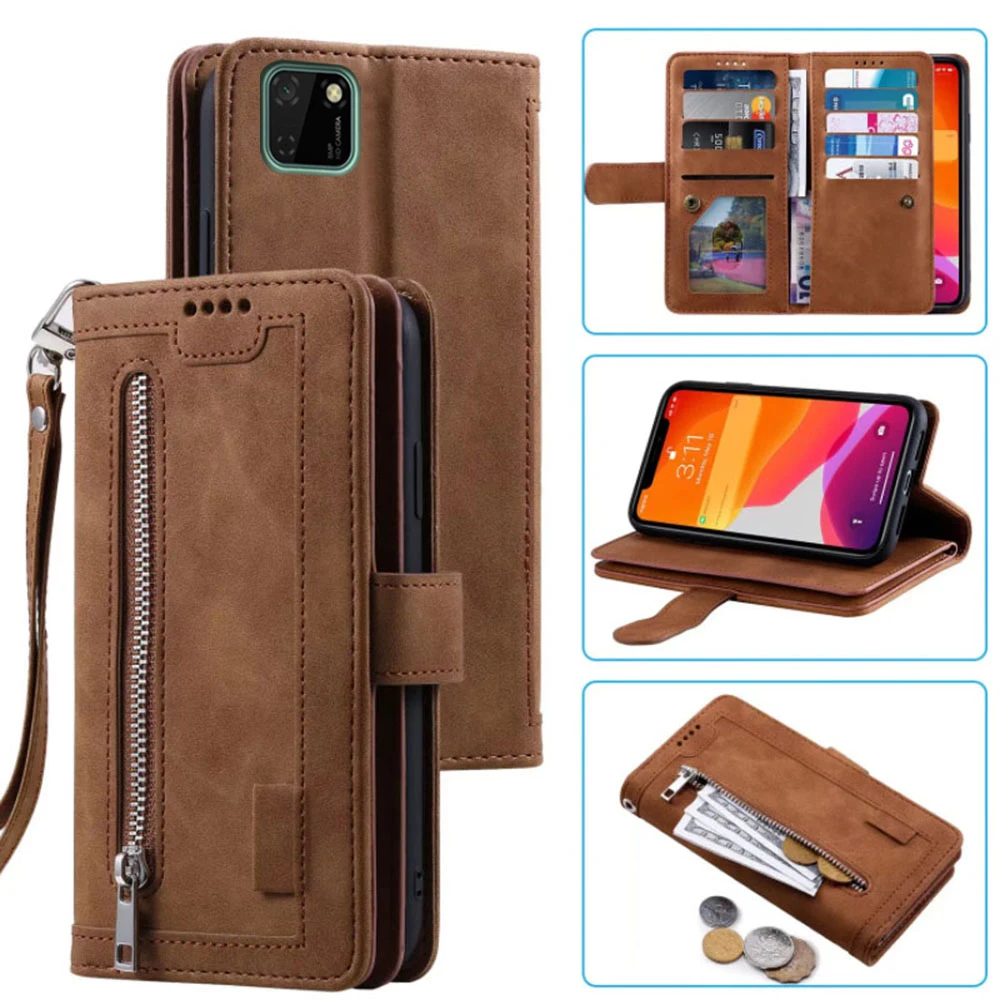 

9 Cards Wallet Case for Huawei Y5P Phone Case Card Slot Zipper Flip Folio with Wrist Strap for Honor 9S Leather Case