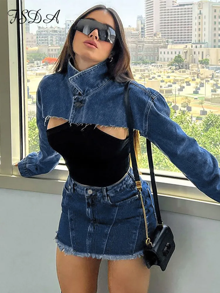 

FSDA 2022 Autumn Summer Long Sleeve Crop Jacket Denim Women Y2K Fashion Vintage Outwear Tops Sexy Coats Streetwear