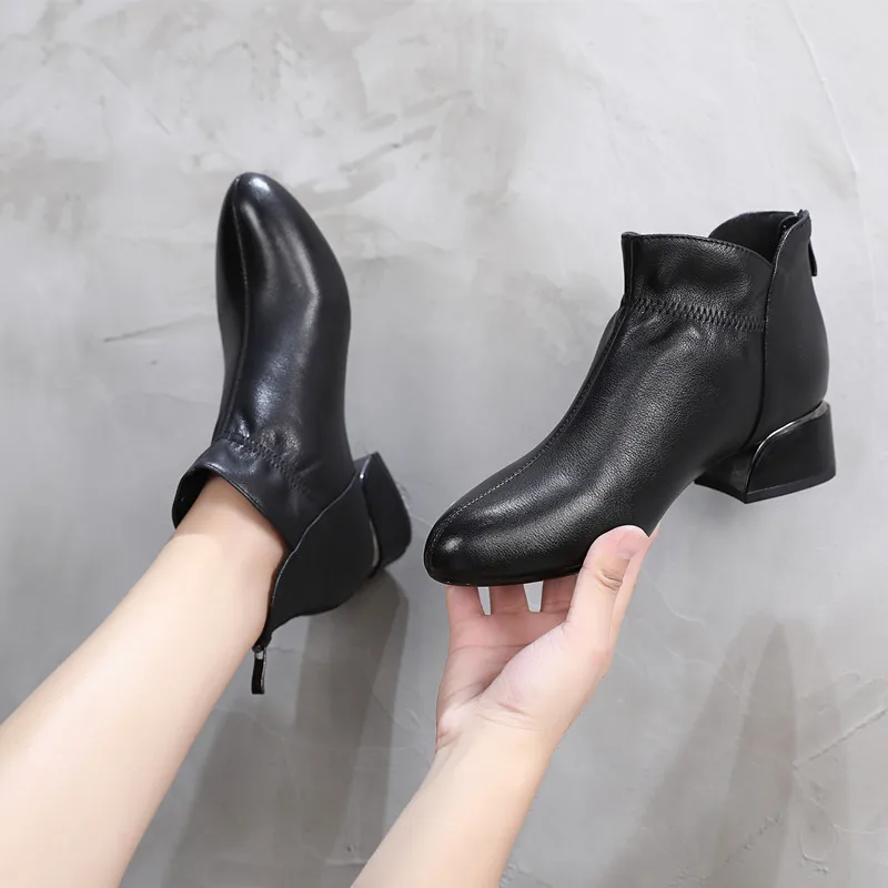 Модные ботильоны из натуральной кожи женские на толстом каблуке и молнии с