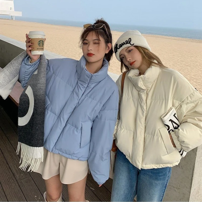 New Blue Short Feather Cotton Coats Female Clothing Winter Fashion Casual Thick Warm Women Fluffy Filled Jacket Top Temperament