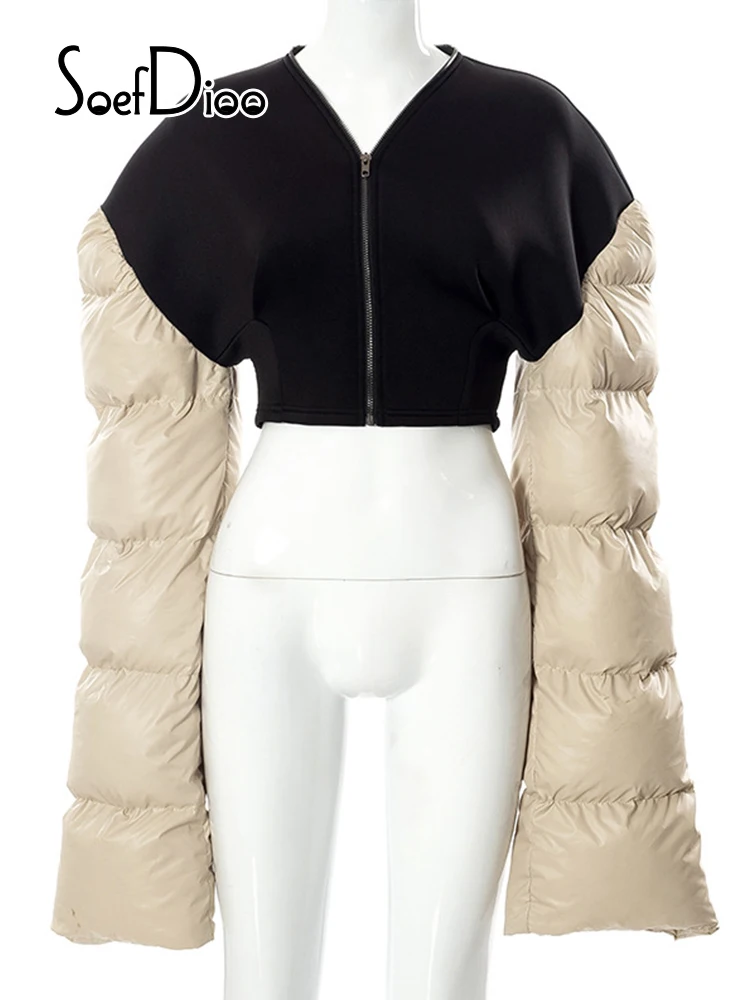 Soefdioo утепленная укороченная куртка контрастных цветов зимняя одежда женская с
