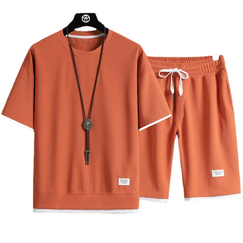 Waffle Short Sleeve T-shirt Men's Leisure Sports Set Wholesale Summer Loose Two Half Sleeve T-shirt Two Piece Set 2023 New