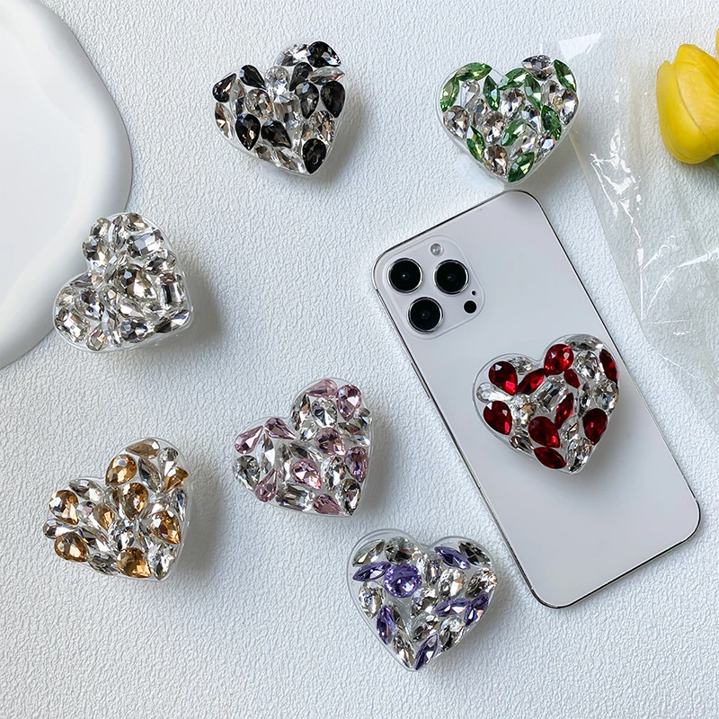 

Luxury Heart Shaped Phone Holder Bracket Rhinestone Foldable Support Phone Grip Ring Phone Accessories for IPhone Samsung Xiaomi