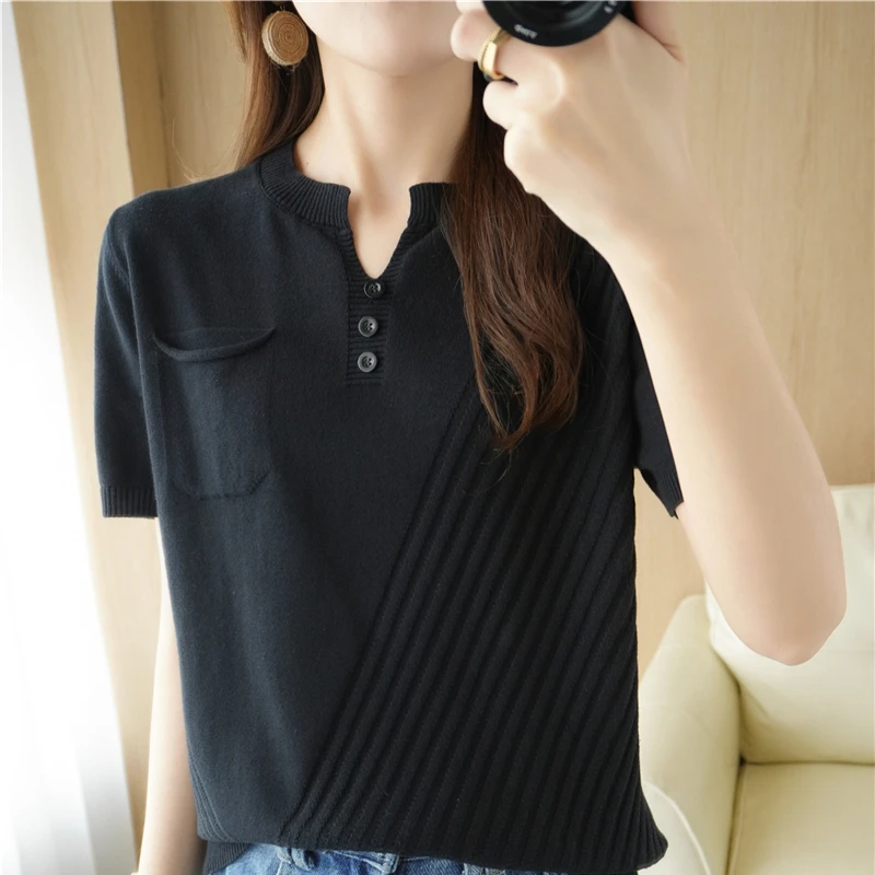 

Spring Summer New Style 100% Pure Cotton Women V-neck Loose T-shirt Knitted Thin Top Casual Clothes FW1627