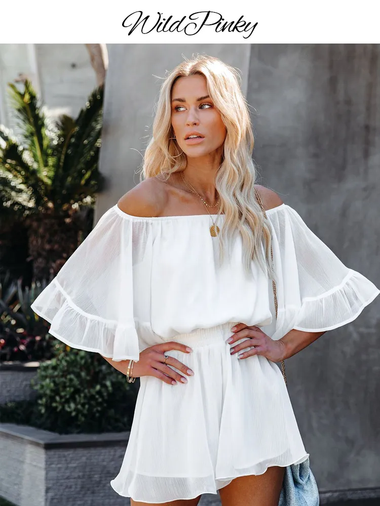 

WildPinky Sexy Ladies Off Shoulder Loose Chiffon Jumpsuit Fashion Slash Neck Short Sleeve Romper 2023 Women Solid Color Jumpsuit