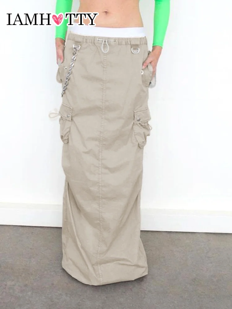 

Прямая юбка-карандаш IAMHOTTY цвета хаки с карманами на завязках длинные юбки с высокой талией в американском стиле гранж Макси-юбка Уличная од...