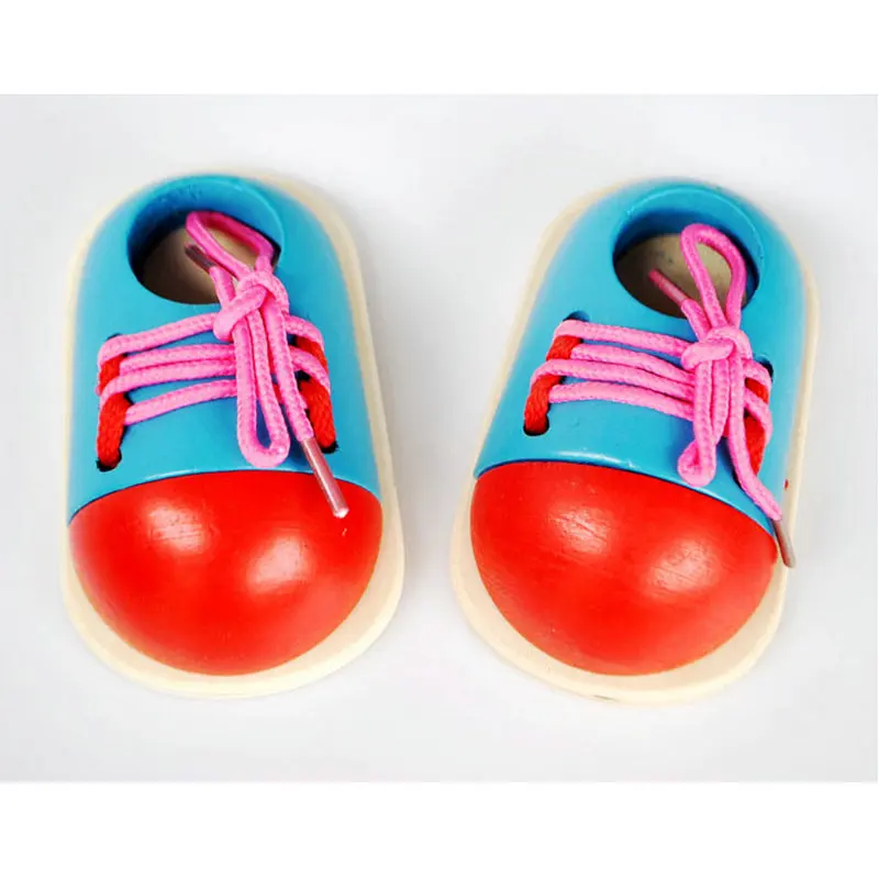 

Free Shipping Shoe Model 2PCS Baby Early Learning Training Wooden Educational Blocks Tie Shoelac Toys Montessori Children Gift