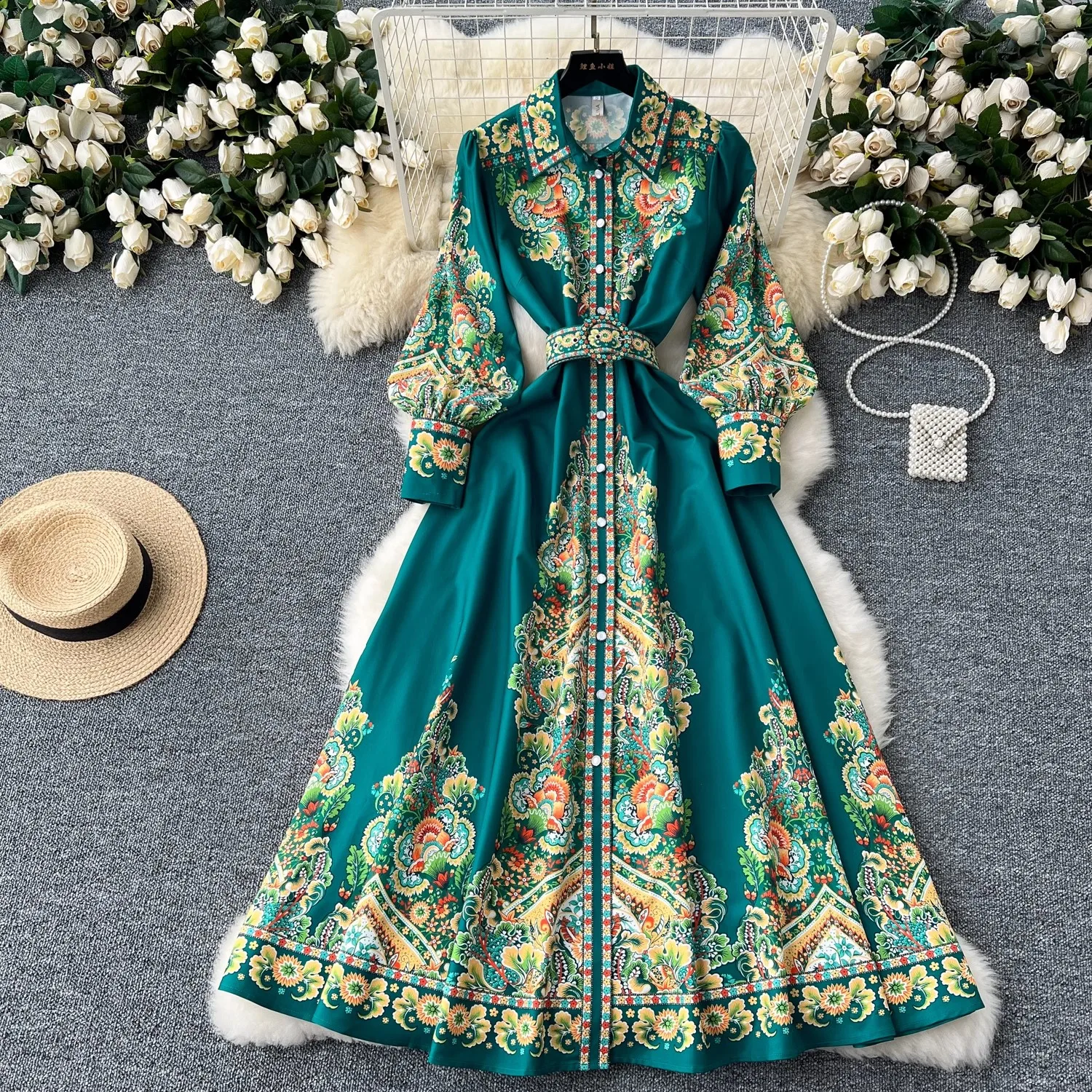 Женское богемное платье-макси с высоким воротником и рукавами-фонариками