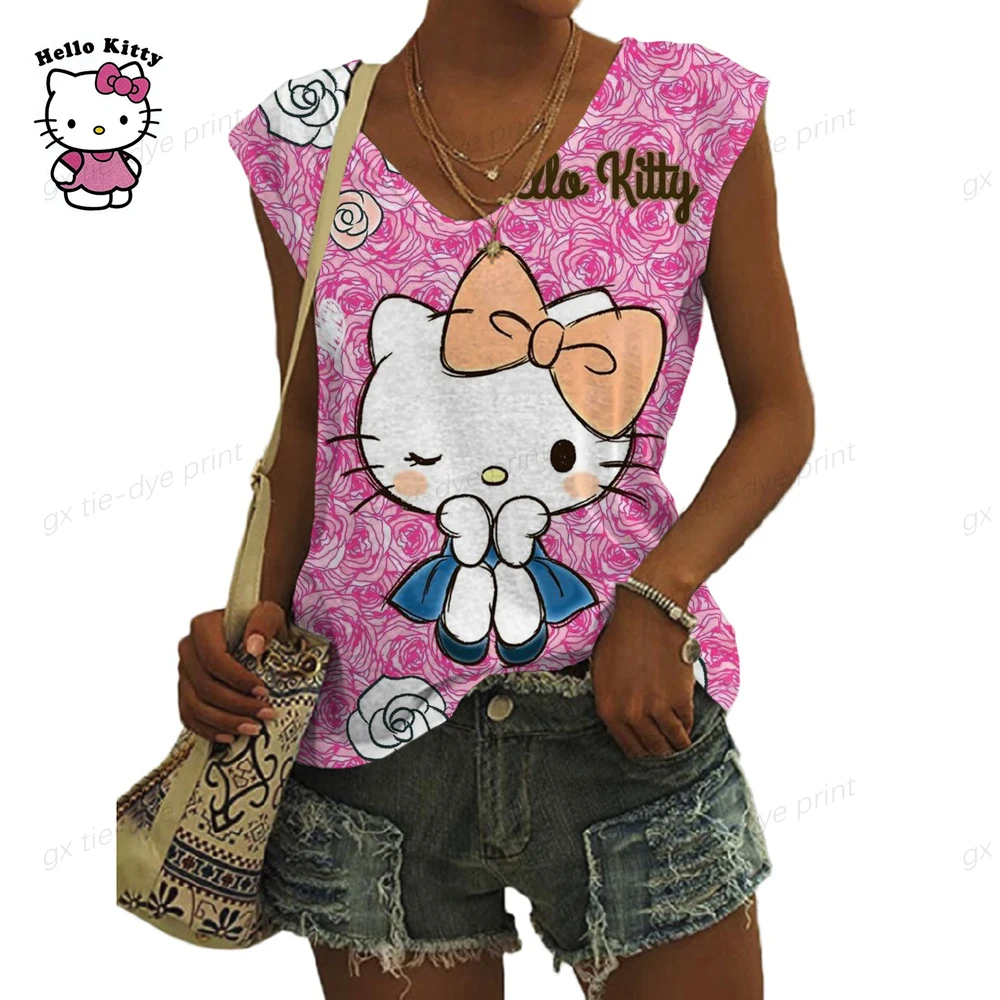 

Модная рубашка в стиле Харадзюку, топ с принтом Hello Kitty, Женская забавная свободная летняя майка без рукавов, Повседневная футболка 90-х годов для девочек, 2023