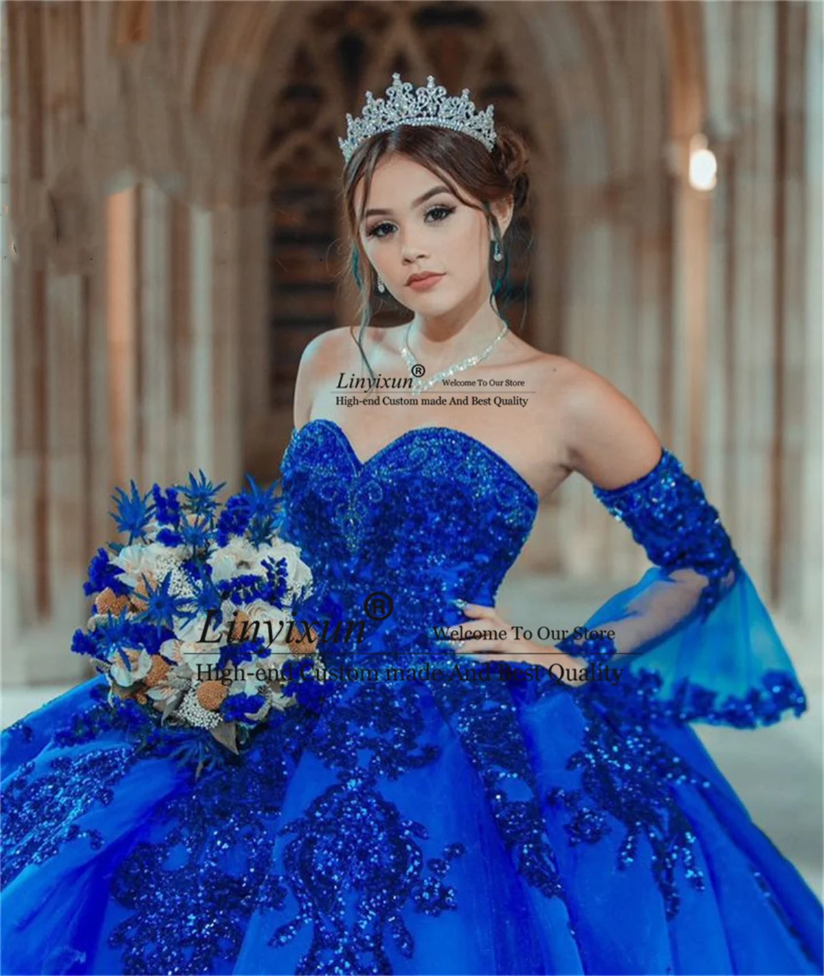 

Royal Blue Sweetheart Ball Gown Quinceanera Dresses Appliques Sequined With Sleeve Vestido De 15 Anos Court Train Sweet 16 Dress