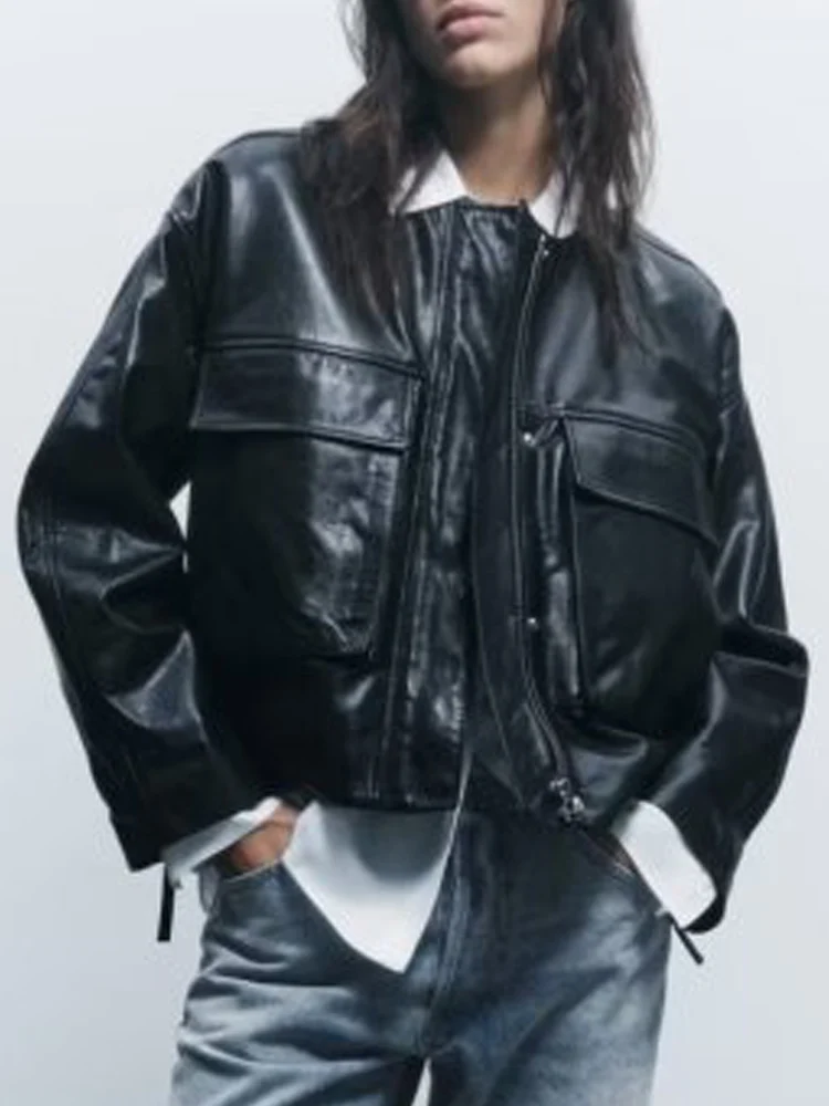 

Женская Осенняя куртка из искусственной кожи, модная однотонная Свободная куртка на молнии с карманами и круглым вырезом, элегантная уличная одежда, 2023