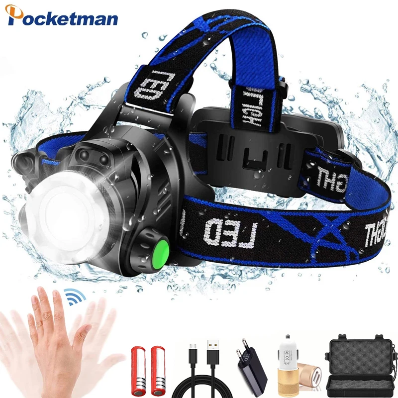 

Ультраяркий налобный фонарь с инфракрасным датчиком движения, светодиодный налобный фонарь T6/L2/V6, водонепроницаемый налобный фонарь, налобный фонарь, 18650 фонарь