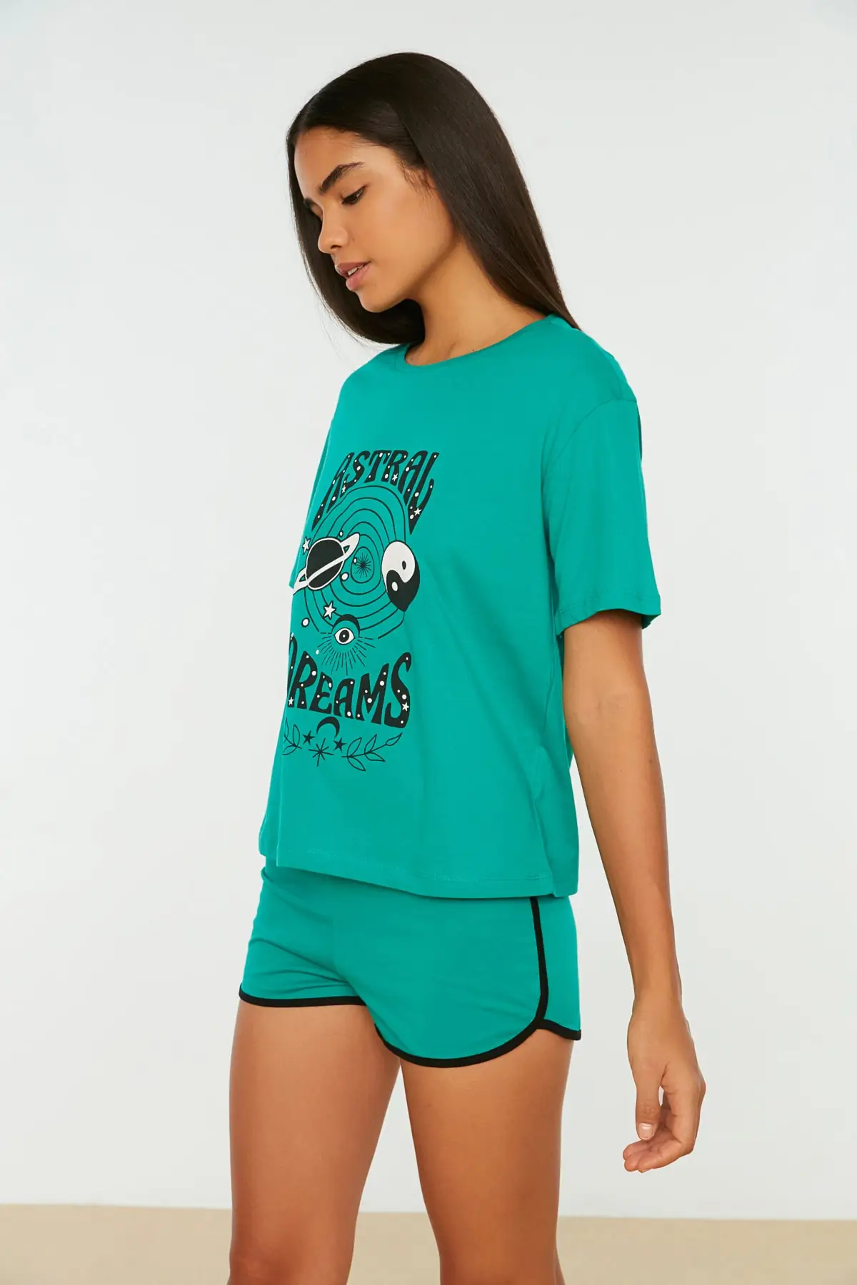 

Women's Pajamas Turquoise pleat Printed Knitted Sleep Lounge Pajamas Nightwear Nightwear Nightwear Casual Home Clothing