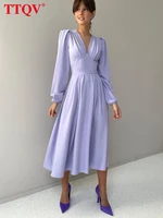 ttqv sexy purple satin midi dress lady elegant v neck long sleeve bodycon dress fashion ruched party dresses for women 2022