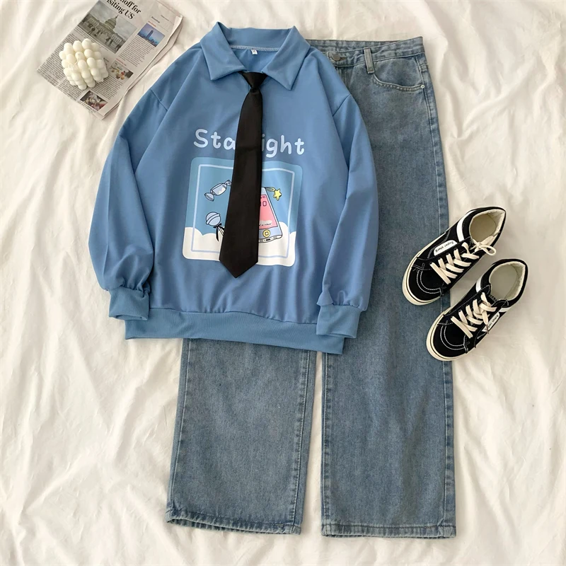 

Комплект из 2 предметов в стиле преппи, повседневные свободные хлопковые худи с длинным рукавом и галстуком и джинсовые брюки с широкими штанинами, комплекты из двух предметов