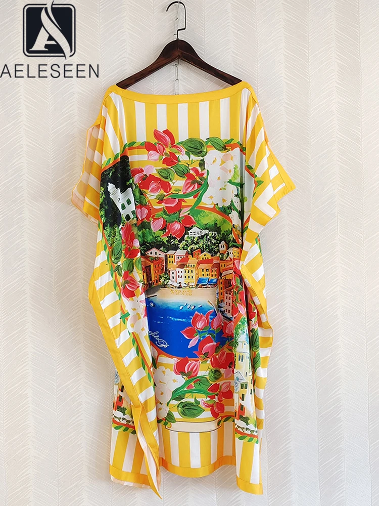 

AELESEEN Summer Sicily Dress Women Designer Fashion Batwing Sleeve Colorful Flower Print Striped Splited Knee-length Casual