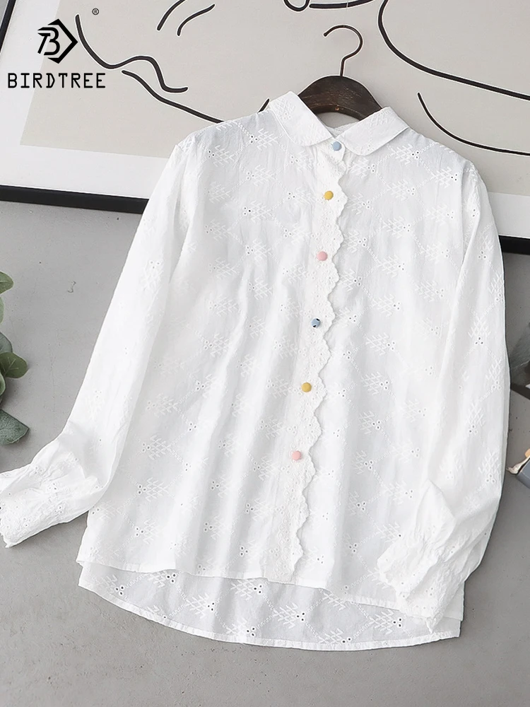 

2023 Осенняя новая хлопковая рубашка, Милая Кружевная отделка, цветочная ткань, цветные пуговицы, длинные рукава, жаккард, свободная милая блузка для женщин, T39537QD
