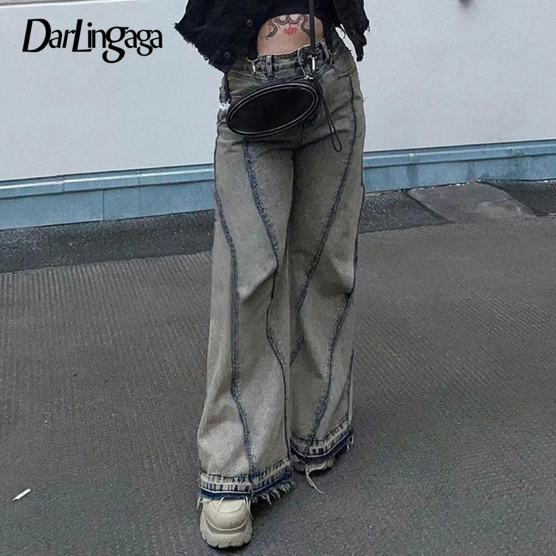 

Darlingaga Grunge Vintage Stripe Stitched Flared Jeans Baggy Y2K Aesthetic Streetwear Burr Distressed Denim Trousers Female 2023