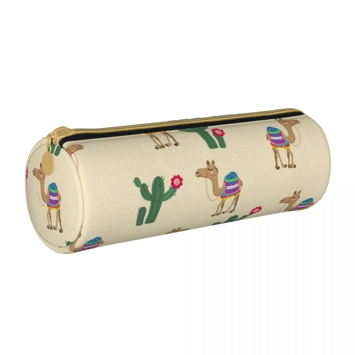 

Desert Print Round Pencil Case Colorful Camels Cactus University Vintage Leather Pencil Box Boy Girl Zipper Pen Bag