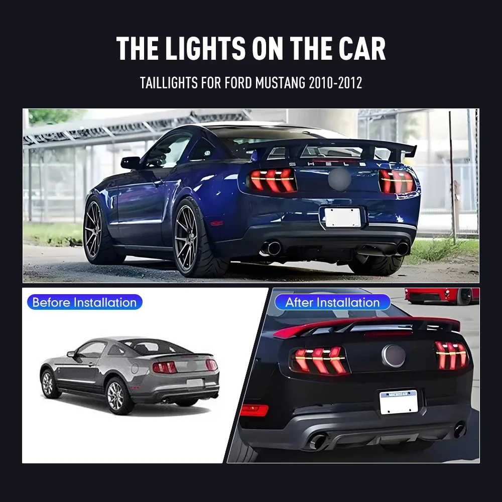 Фото Пара светодиодных задних фонарей для Ford Mustang 2010-2012 DRL, сигнал поворота заднего тормоза, Plug and Play, автомобильный задний фонарь в сборе №2