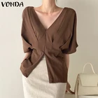 Элегантная рубашка VONDA, Женская туника, блузка 2022, Летние Женские однотонные блузы, женские блузы, сексуальный топ с V-образным вырезом и рукавом до локтя, Женский Топ