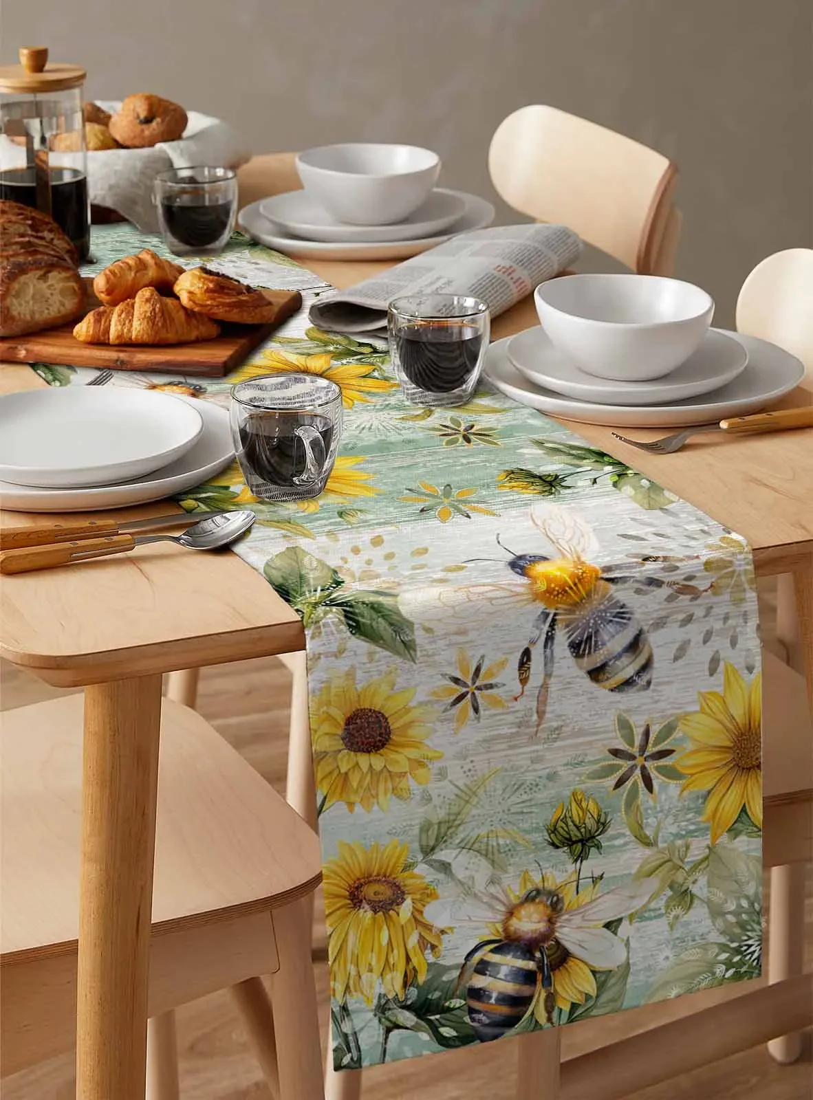 Ретро деревянное зерно подсолнечника пчела льняные дорожки для стола украшение